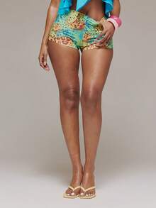 MUSERA 性感动物纹低腰紧身超短裤热裤，春夏伊比沙岛音乐节度假可爱性感Y2K夜店热带诱惑 - 綠色 - 查看 2