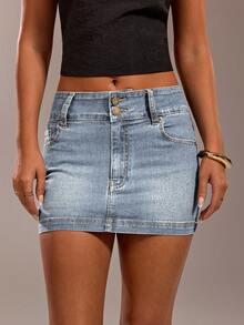 SHEIN Forever 21 Women Double Breasted Waist Design High Street Spice Retro Wash Water Blue Denim Mini Skirt - Baby Blue - View 6