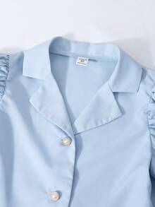 SHEIN 少女珍珠纽扣装饰外套和裤子套装，翻领开衫套装 - 藍色 - 查看 5