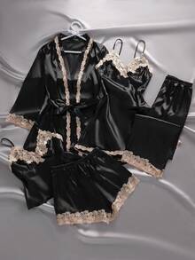 EmpressEnvy Set 5 pcs dengan Dekorasi Trim Warna Kontras, Atasan Camisole Sutra Imitasi & Celana Pendek & Celana Panjang & Jubah Berikat & Gaun Tidur, Pakaian Musim Gugur dan Musim Dingin - Hitam - View 1