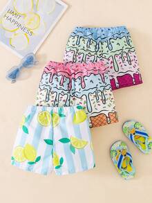 SHEIN Bộ 3 quần bơi cho bé trai kiểu dáng thường ngày, họa tiết hoạt hình sọc kẻ, cạp chun, thích hợp cho kỳ nghỉ. - Nhiều màu - Xem 2