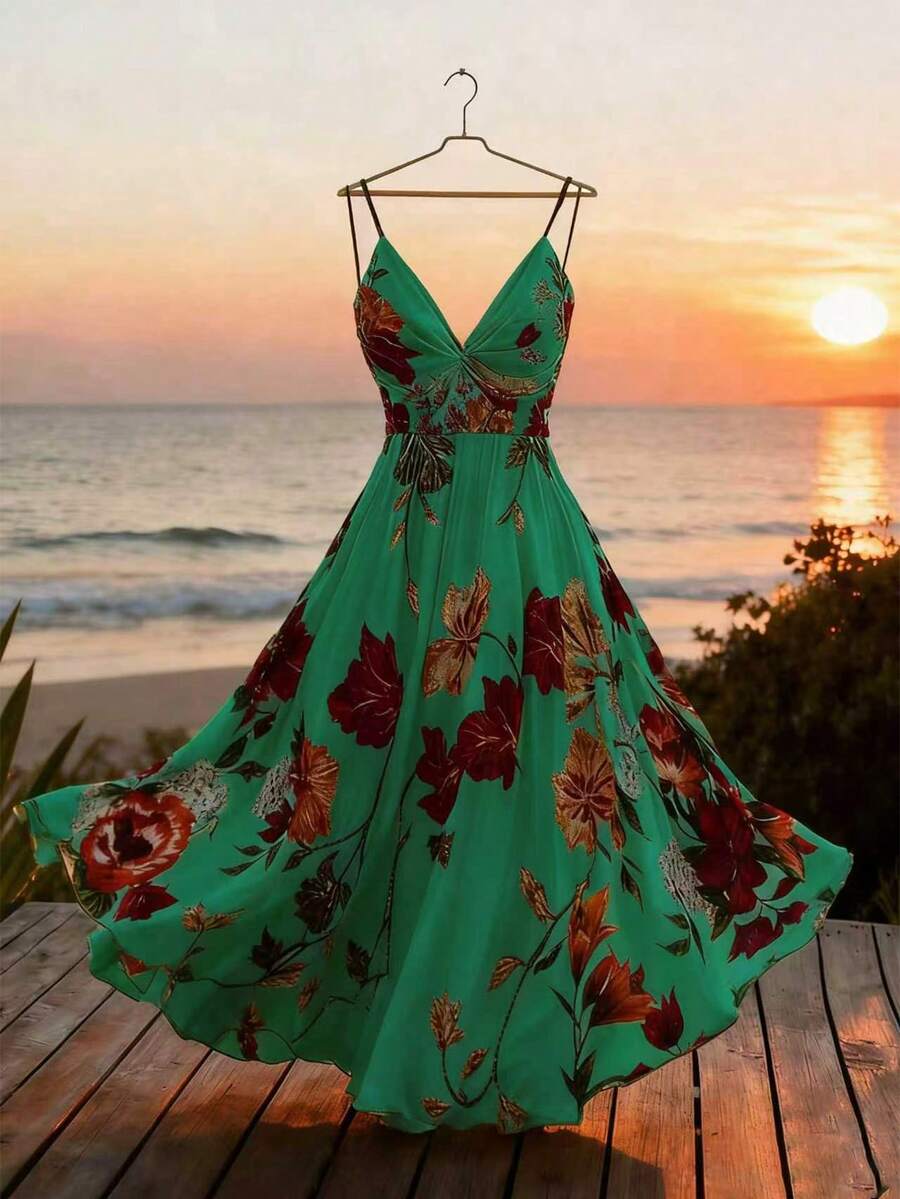 GlowEve Women's Floral Print Ruffle Casual Vacation Date Maxi Slip Dress - Green - View 1