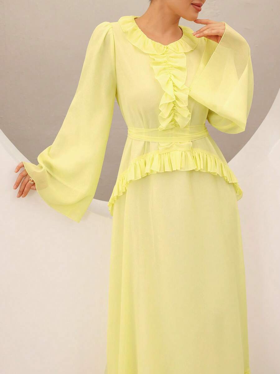 Graceveil Đầm nghỉ mát thanh lịch, sang trọng, cổ bèo nhún, thắt eo, tay dài, dáng xòe. - Màu vàng - Xem 1