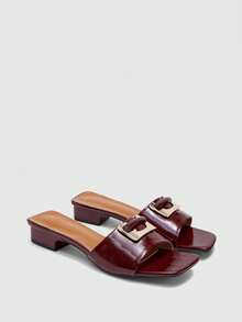 CUCCOO BIZCHIC Light Luxury Metal Buckle Square Slippers, Thick Heels Are Not Tired, And Sandals Are Worn Outside In Summer. Summer Shoes - Burgundy - View 10