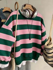 Franclia Plus Size Women's Casual Loose Striped Green & Pink Round Neck Sweatshirt, Christmas - Multicolor - View 7
