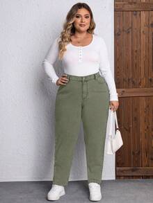 EMERY ROSE Plus Size Solid Color Slant Pocket Slim Fit Casual Non-Stretch Tapered Jeans - Army Green - View 4