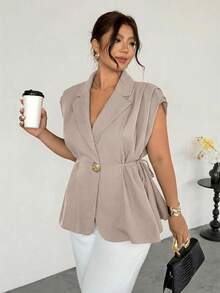 Firerie Áo khoác vest nữ Plus mới, kiểu dáng thường ngày thanh lịch, cài khuy kim loại, màu nâu nhạt, chất liệu vải lanh mỏng, dễ phối đồ/Áo vest giả vải lanh/Áo vest xếp ly thắt nơ/Trang phục công sở thường ngày cho nữ/Trang phục giáo viên cho nữ/Trang phục cổ điển cho nữ/Thu Đông - Màu Khaki - Xem 2