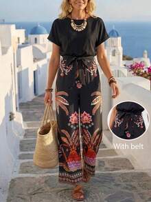 SHEIN Clasi 女士优雅圆领连体裤，配腰带，阔腿连身裤，度假必备 - 彩色 - 查看 9