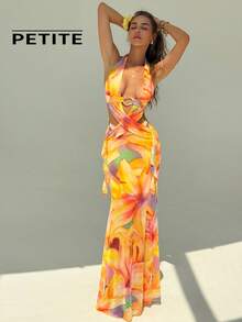 SHEIN Aloruh Petite Petite Women's Sexy Elegant Tropical Backless Criss-Cross Strap Tight Dress, Suitable For Summer Vacation, Beach Vacation Golden Yellow - Multicolor - View 4
