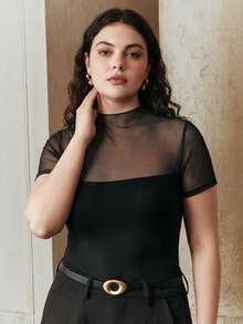 Anewsta Plus Size Women Black T-Shirt,Sheer Mesh Splice Short Sleeve Elastic Fitted Elegant Night Out Club Girlism Autumn Fashionable Casual Party Top - Black - View 4