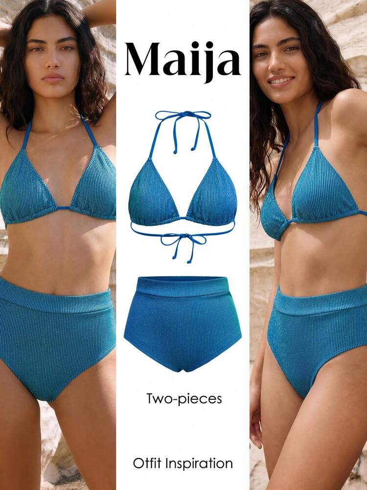SHEIN Maija Women's Beach Vacation Ribbed Bikini Set,Vacation Outfits Women,Summer Holiday Outfits ,Beach Vacation Outfits For Women Blue Capri Beach Vacation Outfits For Women