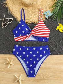 SHEIN Bộ bikini in hình cờ Mỹ dành cho thiếu nữ, chất liệu mềm mại và co giãn, áo hai dây bất đối xứng và quần tam giác, thích hợp cho bơi lội, bãi biển, hồ bơi và kỳ nghỉ hè. - Nhiều màu - Xem 3