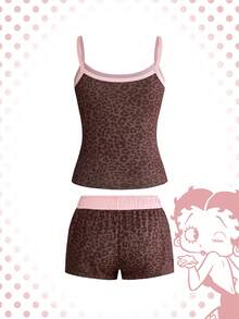 Betty Boop | ROMWE Bộ đồ ngủ áo hai dây và quần short phối họa tiết da báo, viền tương phản. - màu nâu - Xem 2