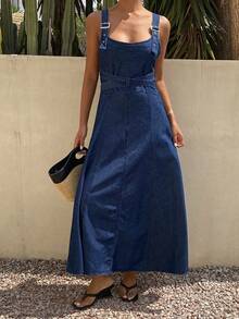 Livesso Đầm liền quần denim nữ kiểu dáng thường ngày cho mùa hè - Màu xanh lam - Xem 4