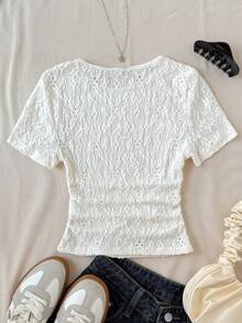 SHEIN Blusa de cuello redondo de manga corta de punto informal para niñas preadolescentes - Beis - Ver 2