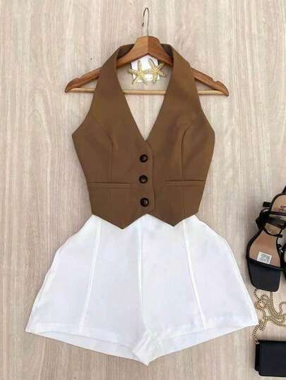 GlowEve Bộ đồ nữ mùa hè kiểu dáng thường ngày, áo ba lỗ và quần short màu trơn.