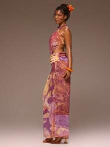 MUSERA Đầm maxi in họa tiết cổ cao, khoét eo, xếp ly, thích hợp cho mùa xuân hè, đi nghỉ mát, dạ hội, các dịp đặc biệt, bãi biển vàng. - Nhiều màu - Xem 3
