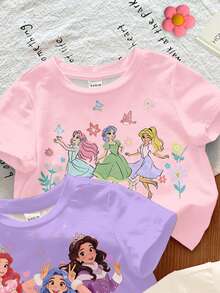 Set de 3 camisetas de manga corta con cuello redondo para niña, con estampados de princesa, flores y lazos, en un estilo suave, lindo y elegante. Adecuado para uso diario, en el hogar, vacaciones y días festivos. Cómodo y casual para primavera y verano. Estampados de princesas de dibujos animados, estilo chic de verano, nuevo estilo, relajado y con vibras de primavera. - Multicolor - View 3