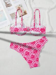 Swim Mod Bộ đồ bơi nữ in họa tiết xếp nếp, thích hợp cho mùa xuân/hè. - Hồng - Xem 2