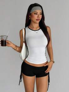 Dewbera Áo tank top thể thao nữ dáng ôm, cổ tròn, phối màu tương phản, thích hợp cho mùa hè. - trắng - Xem 3