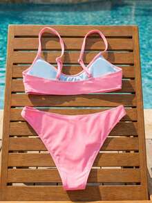 SHEIN Swim 2件套女士时尚可爱度假性感沙滩/泳池/派对纯色可调节细肩带超细比基尼上衣和下装泳衣套装 - 粉色 - 查看 2