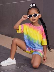 SHEIN Young Girl Casual Tie-Dye Print Dropped Shoulder T-Shirt And Shorts Set Summer Outfits - Multicolor - View 4