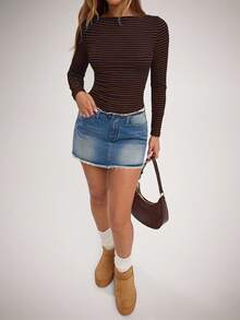 SHEIN Forever 21 Áo thun nữ cổ thuyền tay dài họa tiết sọc raglan - màu nâu - Xem 4