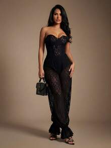 Radiana Women's Fashionable Casual Sexy Sheer Lace High Waist Ruffle Harem Pants, Spring/Summer, Everyday Wear, Music Festival, Versatile, Tropical, African Print, Caribbean, Havana Nights, Jamaica, Coachella, BOHO, Bohemian, Outing, Resort, Beach Vacation, Holiday, Seaside, Western Wear, Concert, Carnival Party, Richly Layered, Date Night, Ibiza, Nashville, Break, Modest, Chic, Club, Cute, Casual, Shopping, Streetwear, Going Out, Easy To Match&Looks Slim, Accent Your Body, Flatter The Figure - Black - View 9