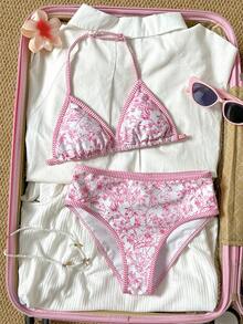 SHEIN Tween Girls' Ditsy Floral Swimsuit Set, Summer Beach Vacation - Pink - View 3