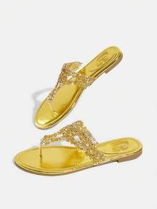 CUCCOO TILAWA Sandal Wanita Modis dengan Hiasan Kristal dan Rhinestone, Cocok untuk Santai Sehari-hari, Pesta, Liburan Musim Semi, Paskah, Dansa, Hari Valentine, dan Musim Panas. - Emas - View 7