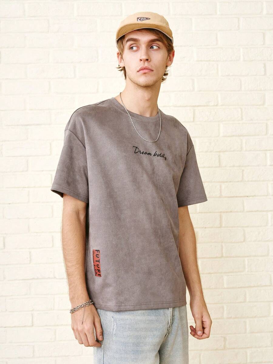 Zalmeno Men Casual Letter Printed Vintage Short Sleeve T-Shirt, Boyfriend Gift, For Going Out, Fall Fleece - Grey - View 1