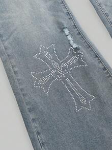 ROMWE Grunge Punk Plus Size Y2K Rhinestone Distressed Skull & Cross Flare Jeans - Blue - View 3