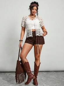 SHEIN LUNE Áo khoác len nữ cỡ lớn màu mơ, tay ngắn, có dây đeo, kiểu dáng khoét eo. - trắng - Xem 3