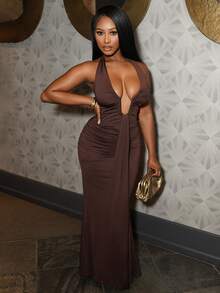 Chea Andrea Đầm đuôi cá cổ chữ V sâu, thanh lịch, mẫu mới năm 2025, thích hợp cho tiệc tùng, sinh nhật, quán bar, hộp đêm, ngày Valentine, Halloween, Giáng sinh - Màu nâu - màu nâu - Xem 2