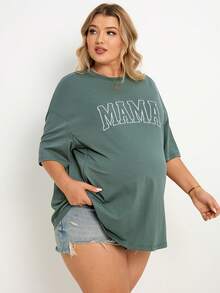 Plussiva Plus Size Pregnant Women Letter Print Zip-Up Nursing Function Round Neck Short Sleeve T-Shirt - Green - View 4