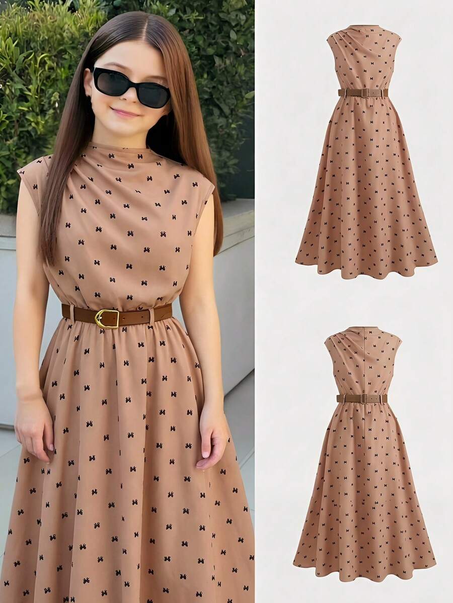 SHEIN NovaGlow 青少年女孩休閒時尚通勤立領收腰卡其色 A 字洋裝 無袖棕色中長裙 蝴蝶結印花 圓點收腰 - 卡其色 - 查看 1