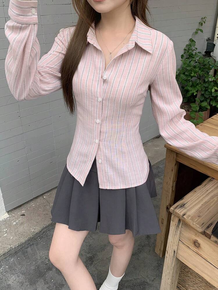 Plaid Collared Long Sleeve Casual Vacation Blouse For Women