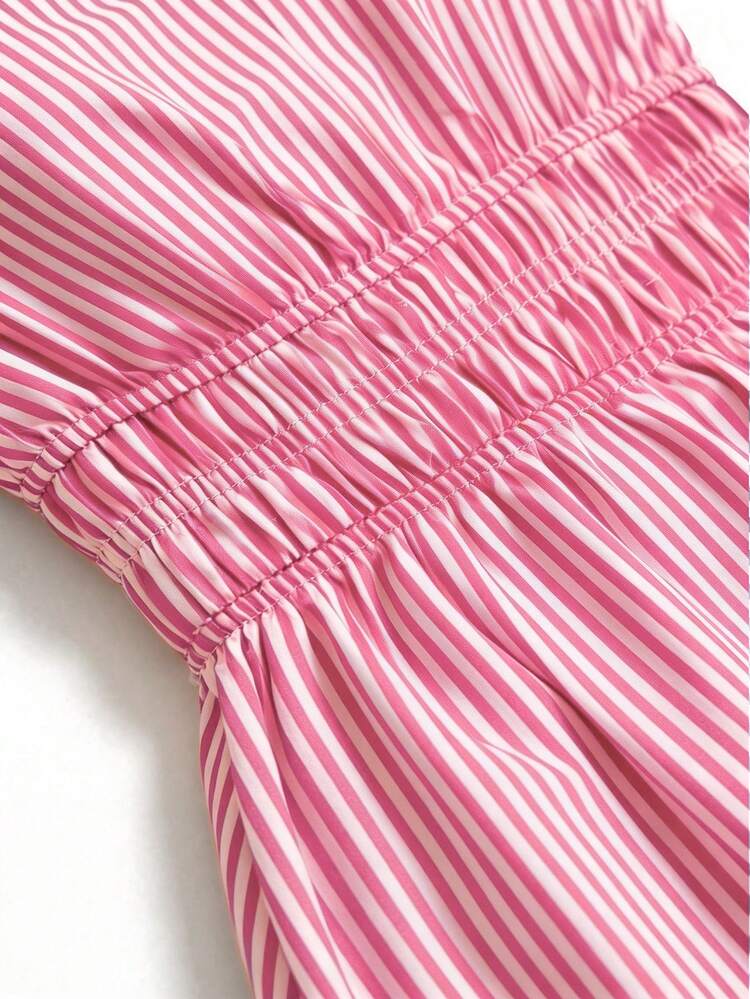 SHEIN Holidaya Women's V-Neck Leaf-Edge Striped Fitted A-Line Dress For Spring And Summer, Casual Vacation Fashion Dress, Striped Dress, Spring And Summer Clothing, Outwear, Blue And White Striped Dress Casual Vacation Cruise Travel Beach Sunbathi - Pink - View 8