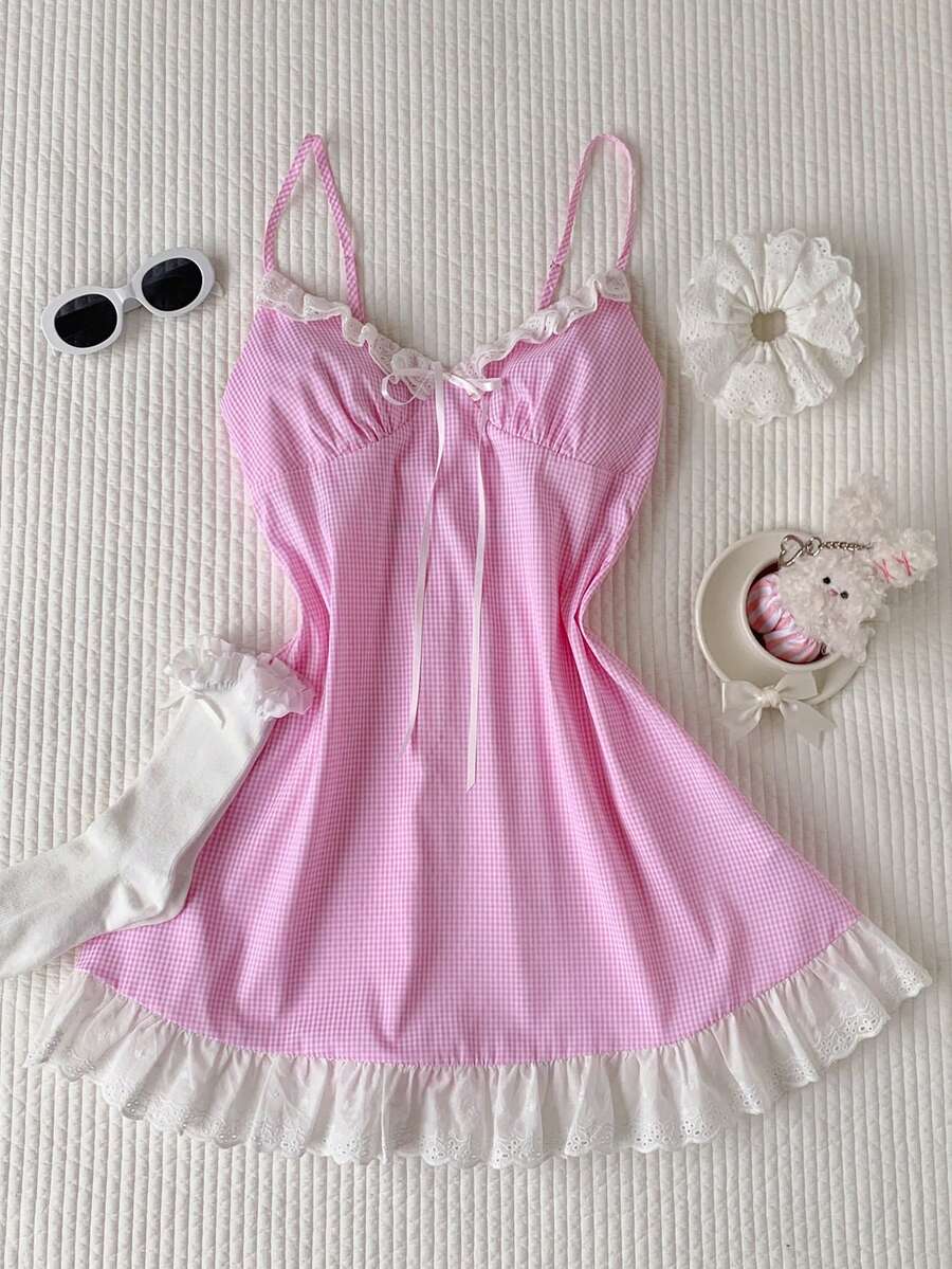 Comfortcana Đầm hai dây phối họa tiết kẻ caro, bèo nhún, kiểu dáng thường ngày dành cho nữ, thích hợp cho mùa hè. - Hồng - Xem 1