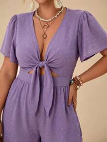 Travachic Plus-Size Jacquard Front Waist Hollowed-Out Tie Rompers - Purple - View 5