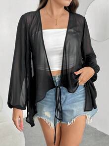 Enliva 大码女式夏季凉爽长袖开衫，一款可以多种方式穿着的多功能上衣，半透明的凉爽防晒长袖衬衫。 - 黑色 - 查看 3