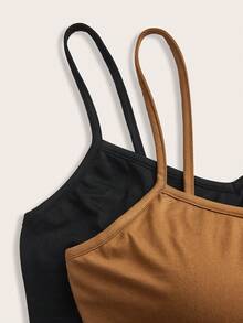 SHEIN EZwear 2件套休闲简约黑色和卡其色大码女式背心，带胸垫 - 彩色 - 查看 9
