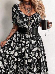 Whyspr Plus Size Punk Style V-Neck Printed Long Dress, Spring/Summer - Black - View 7
