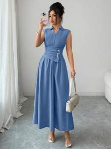 SHEIN Elenzya Women's Spring/Summer Collared Waist-Cinched Solid Color Textured Fabric A-Line Long Dress, Suitable For Commuting, Outings - Blue - View 3