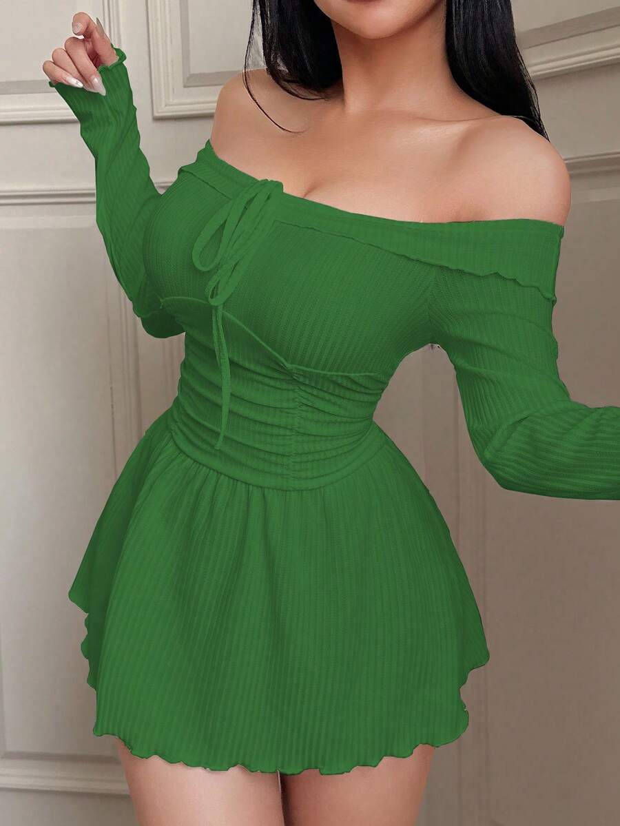 SweetSlumber Off Shoulder Jacquard Knit Casual Dress For Women - Green - View 1