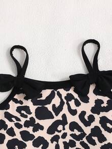 SHEIN Young Girl Leopard Print Bowknot Decor One-Piece Swimsuit, Summer Vacation Beach - Multicolor - View 5