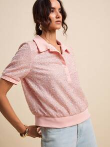 LOTSLUV 女士宽松短袖亮片T恤，粉色，春夏款 - 粉色 - 查看 4