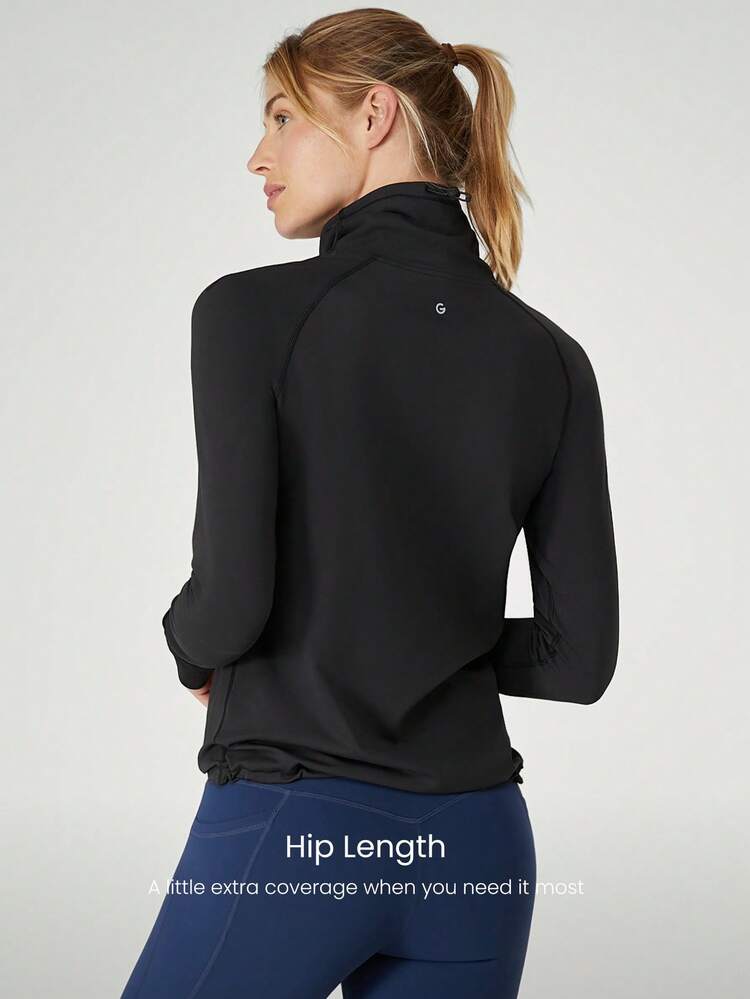 Quick-Dry Sweat-Wicking Adjustbale Drawstring Neck Hem Long Sleeves Active Top Tee With Side Zip Pockets And Thumbholes Daily Casual