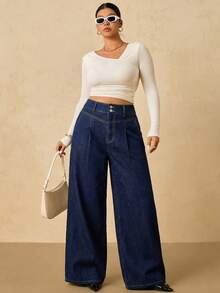 SHEIN Tall CURVE Plus Size Solid Color Slant Pocket Pleated Loose Fit Jeans - Dark Wash - View 4