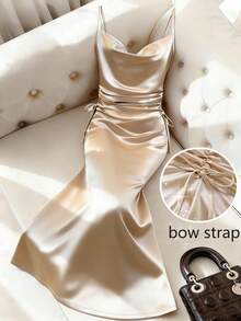 Franclia Đầm nữ thanh lịch ôm sát, xếp ly, buộc dây, cổ xếp nếp. - Rượu sâm banh - Xem 2